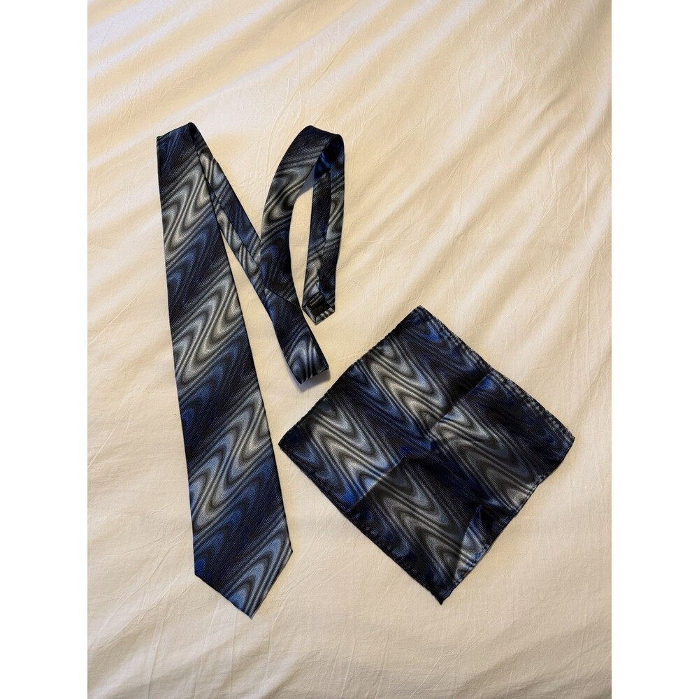 Tessori Milan Italy Abstract Blue And Black Tie With Pocket Square Men’s